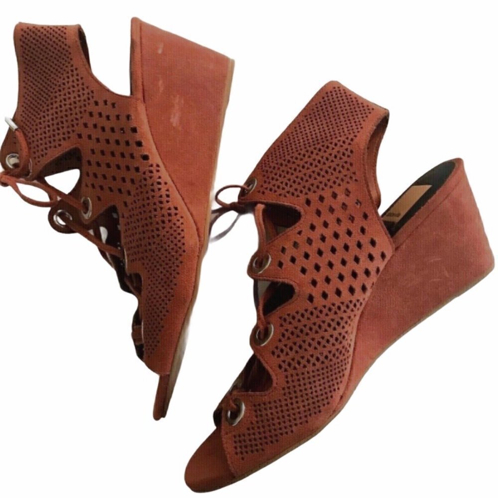 DOLCE VITA Laras Perforated Suede Lace Up Wedge Sandals - Picture 2 of 7